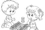 Tranh tô màu cô bé và cậu bé chơi cờ vua