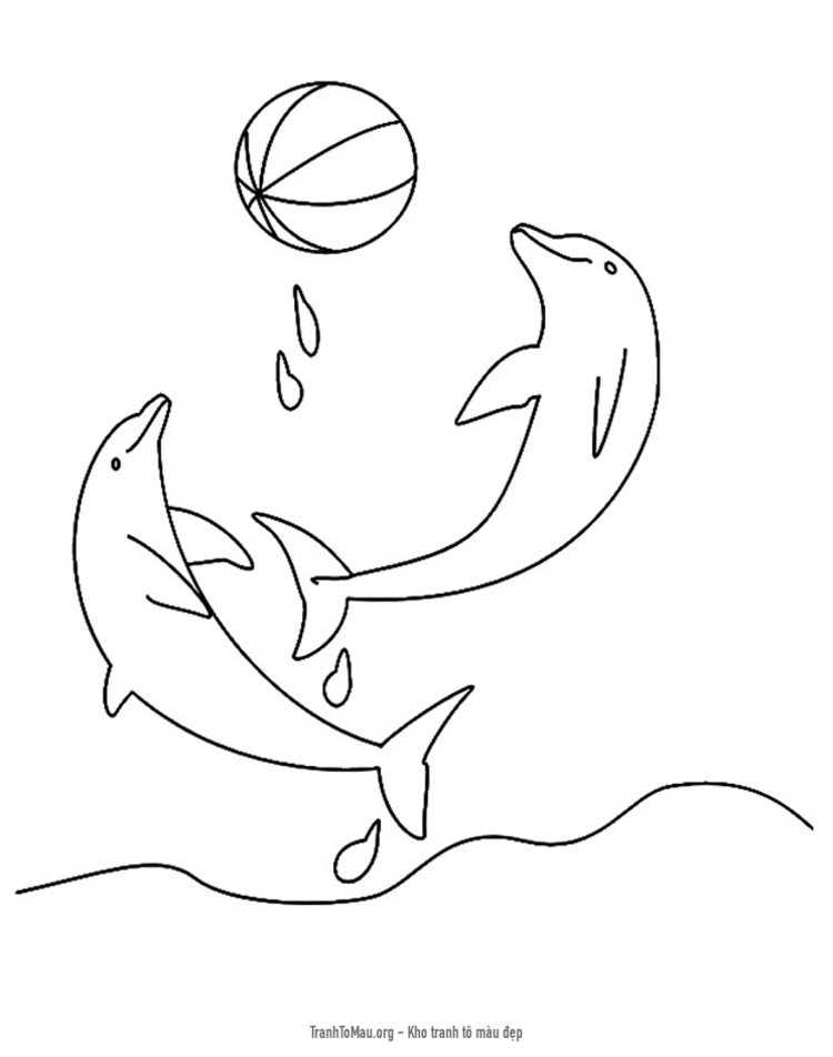 Tải tranh tô màu 2 chú cá heo chơi đùa cùng quả bóng