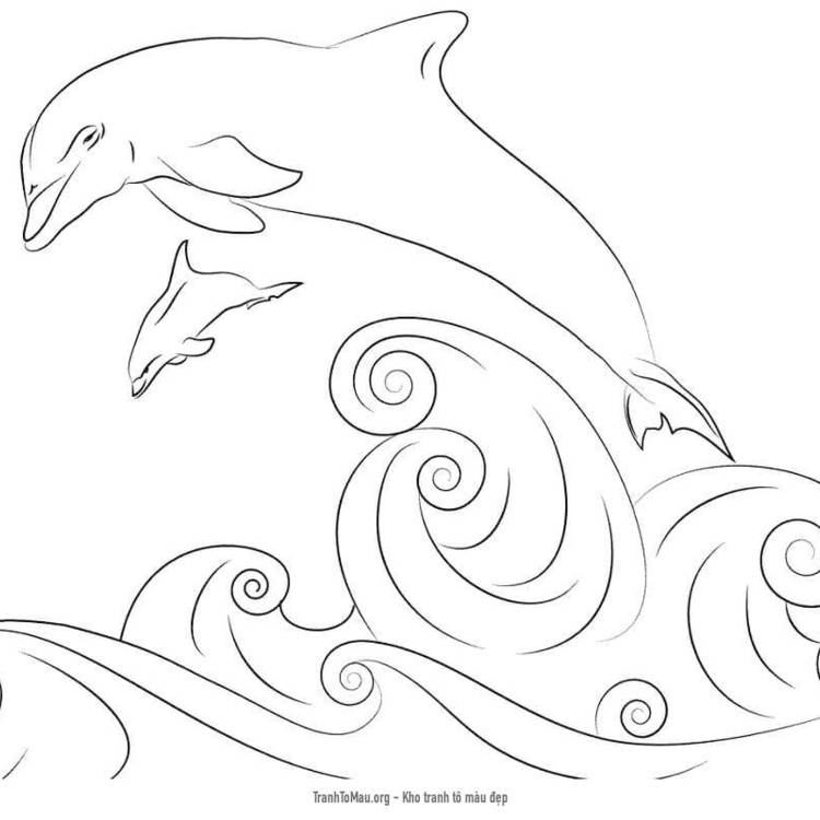 Tải tranh tô màu Con Cá Heo và Sóng Biển