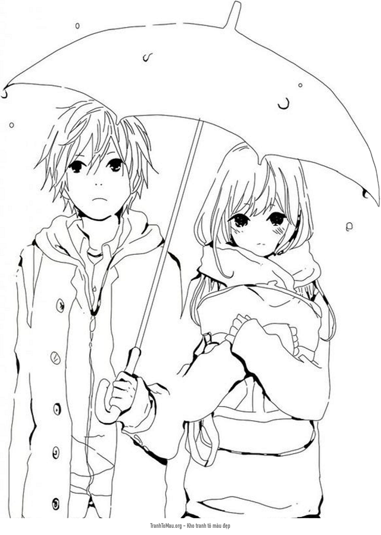 Tải tranh tô màu chàng trai và cô gái dưới mưa