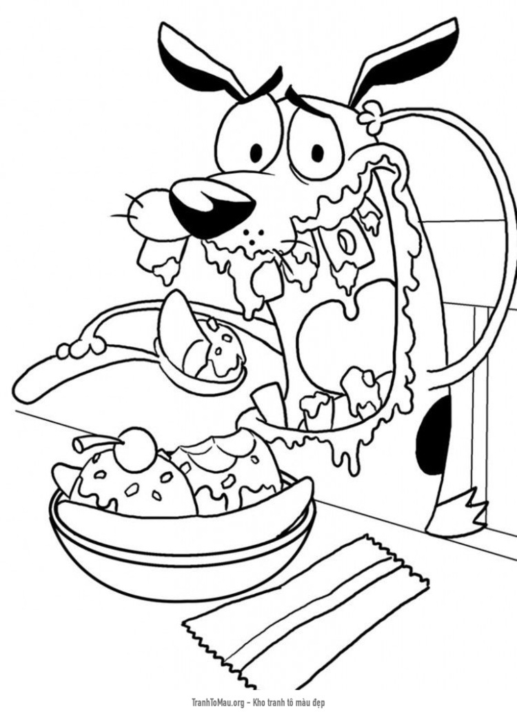 Tải tranh tô màu chú chó courage ăn kem