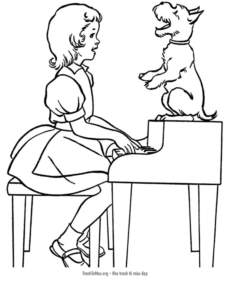 Tải tranh tô màu cô bé chơi piano và chú chó