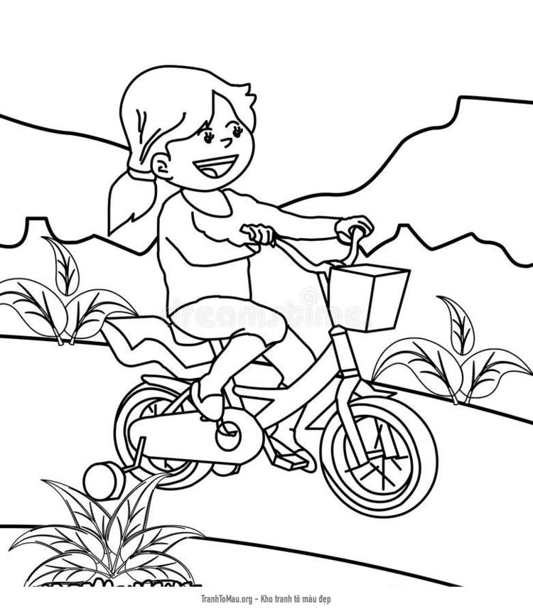 Tải tranh tô màu cô bé vui vẻ đạp xe
