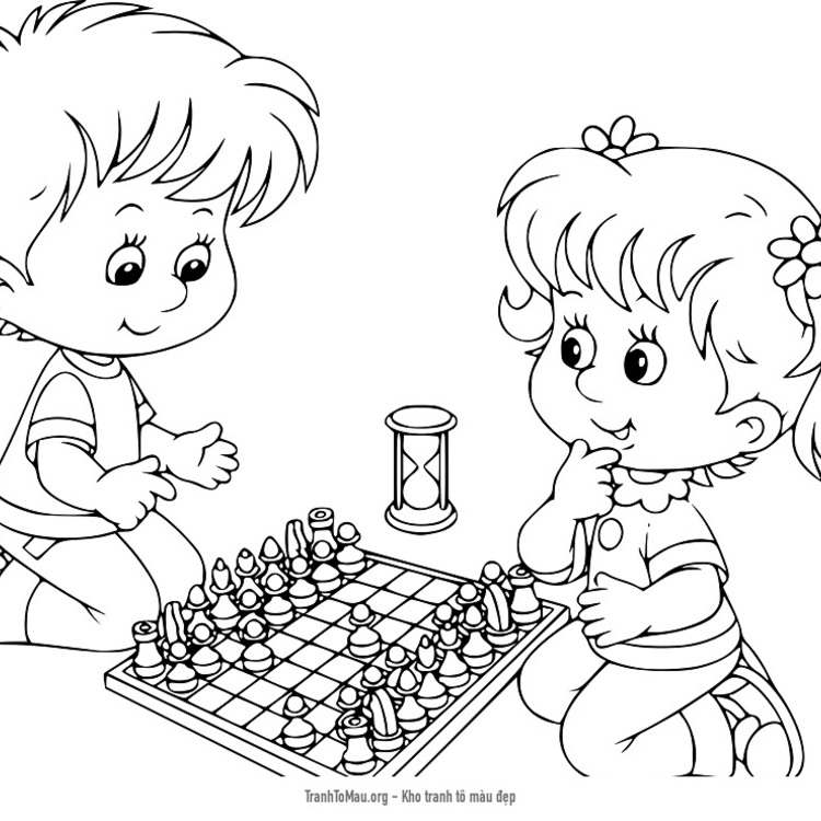 Tải tranh tô màu cô bé và cậu bé chơi cờ vua