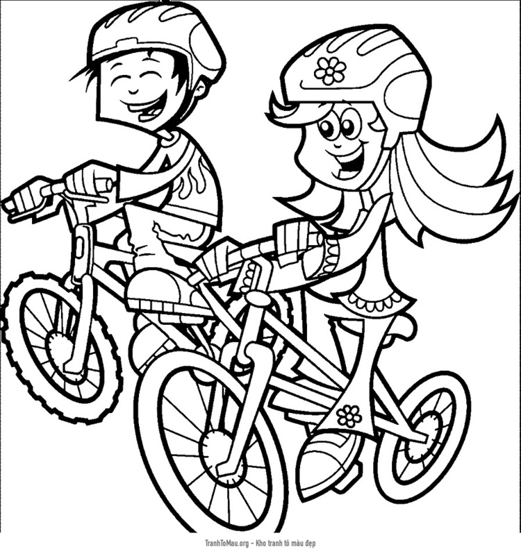 Tải tranh tô màu cô bé và cậu bé đạp xe