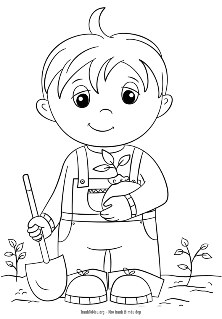 Tải tranh tô màu cậu bé cầm mầm cây