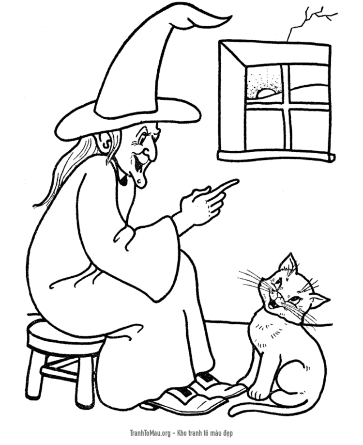 Tải tranh tô màu phù thủy và chú mèo