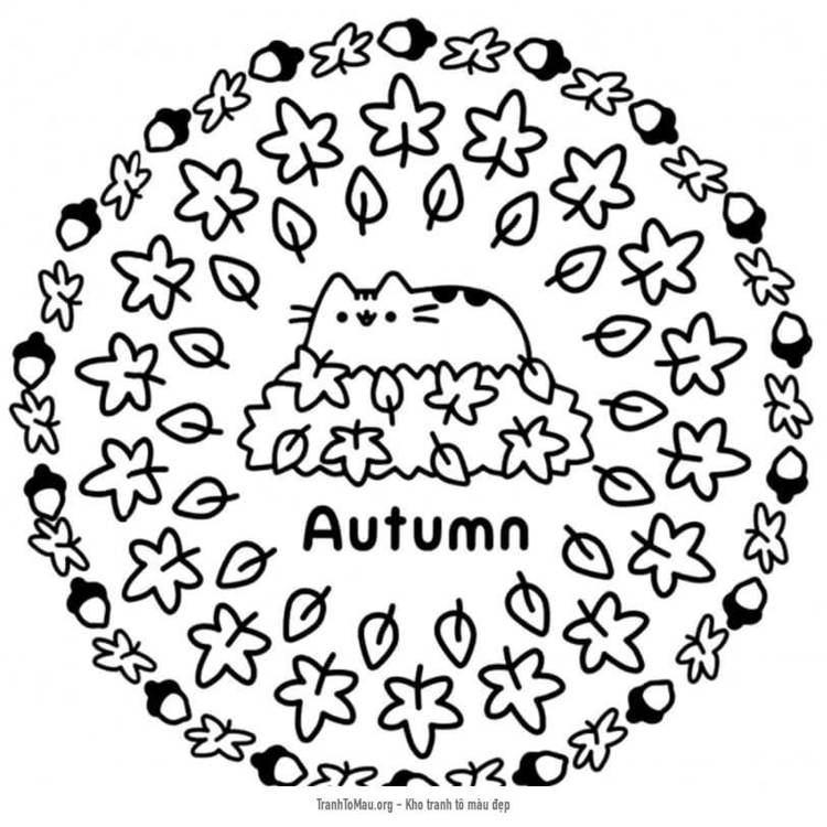 Tải tranh tô màu Mèo Pusheen với mùa thu