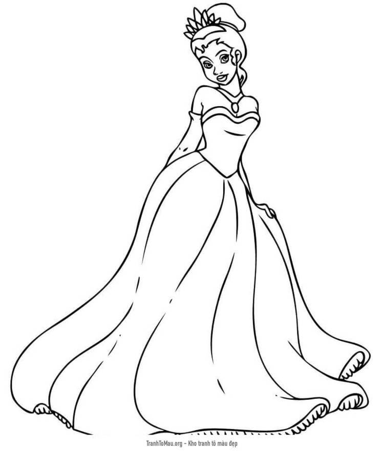 Tải tranh tô màu Công Chúa Tiana Trong Bộ Váy Lộng Lẫy