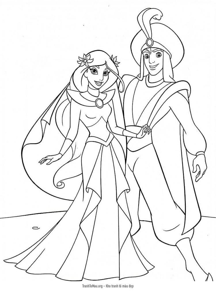 Tải tranh tô màu Công Chúa Jasmine và Aladdin