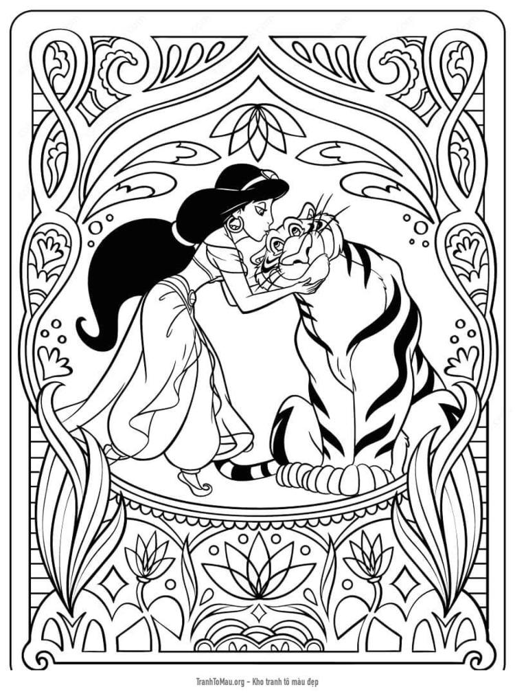 Tải tranh tô màu Công Chúa Jasmine và Chú Hổ Rajah