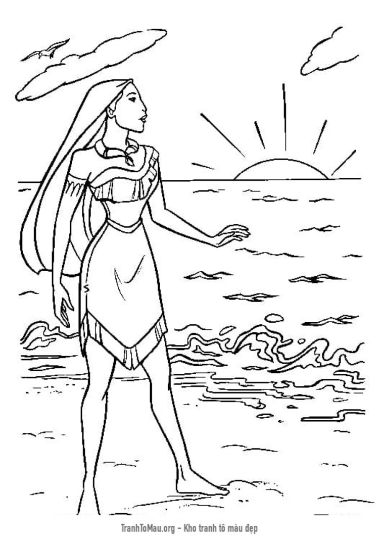 Tải tranh tô màu Công Chúa Pocahontas Trên Bãi Biển