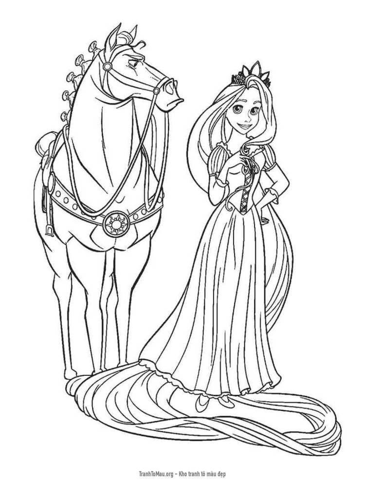 Tải tranh tô màu Công Chúa Rapunzel và Con Ngựa