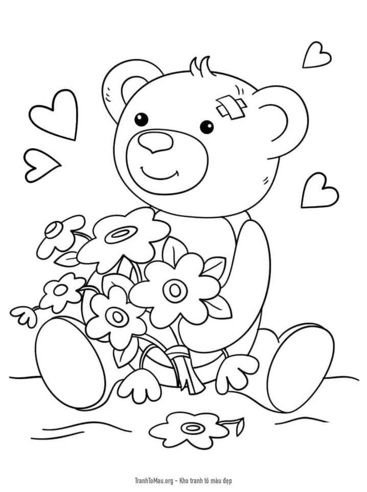 Tải tranh tô màu Gấu Teddy và Hoa