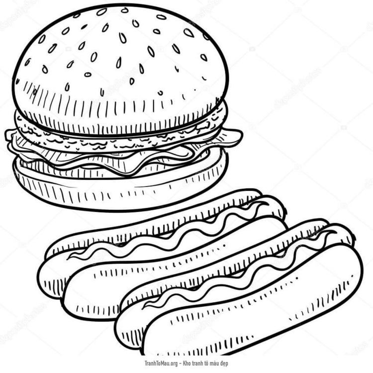 Tải tranh tô màu Hamburger và Xúc Xích Nóng