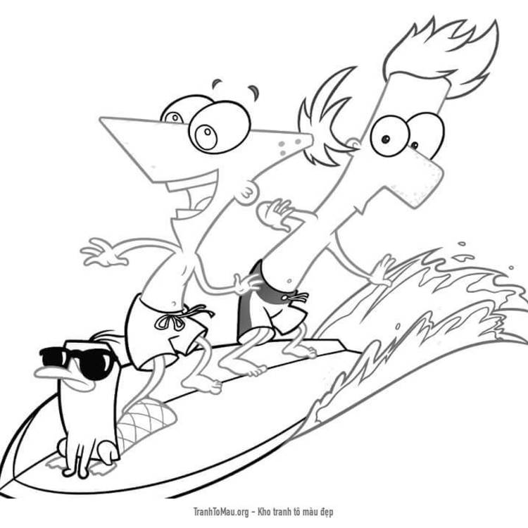 Tải tranh tô màu Phineas và Ferb Lướt Sóng