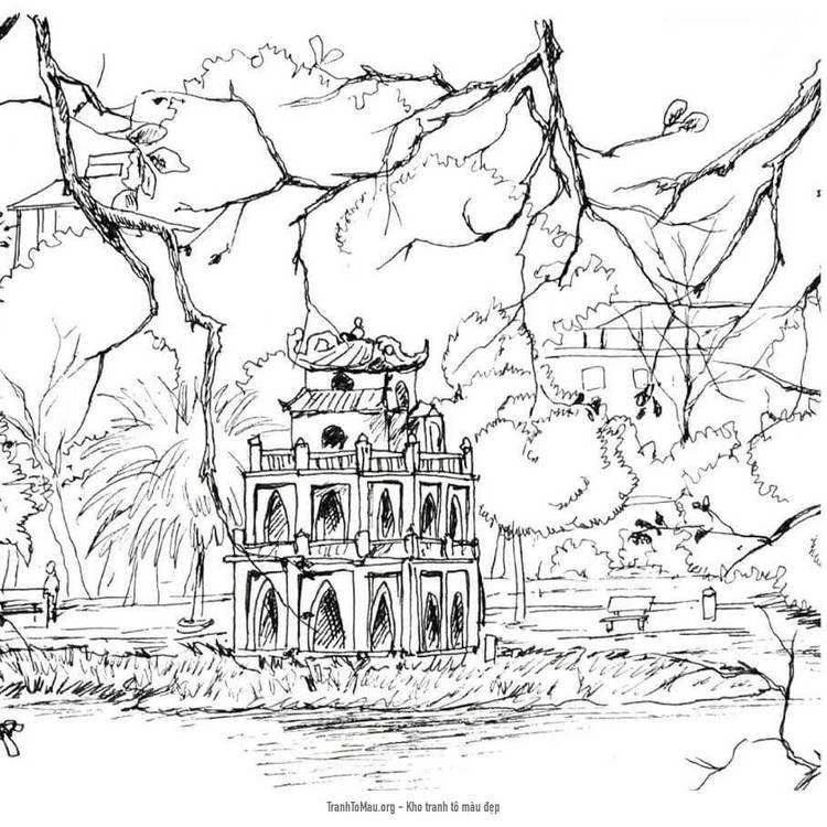 Tranh vẽ phong cảnh hồ gươm tháp rùa đen trắng TSD 327