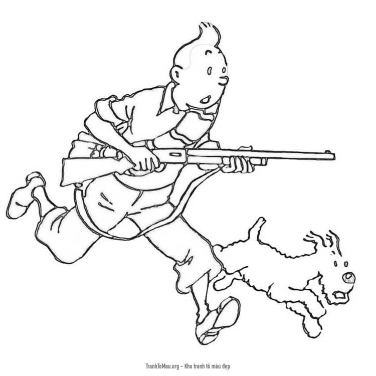 Tải tranh tô màu Tintin Cầm Súng